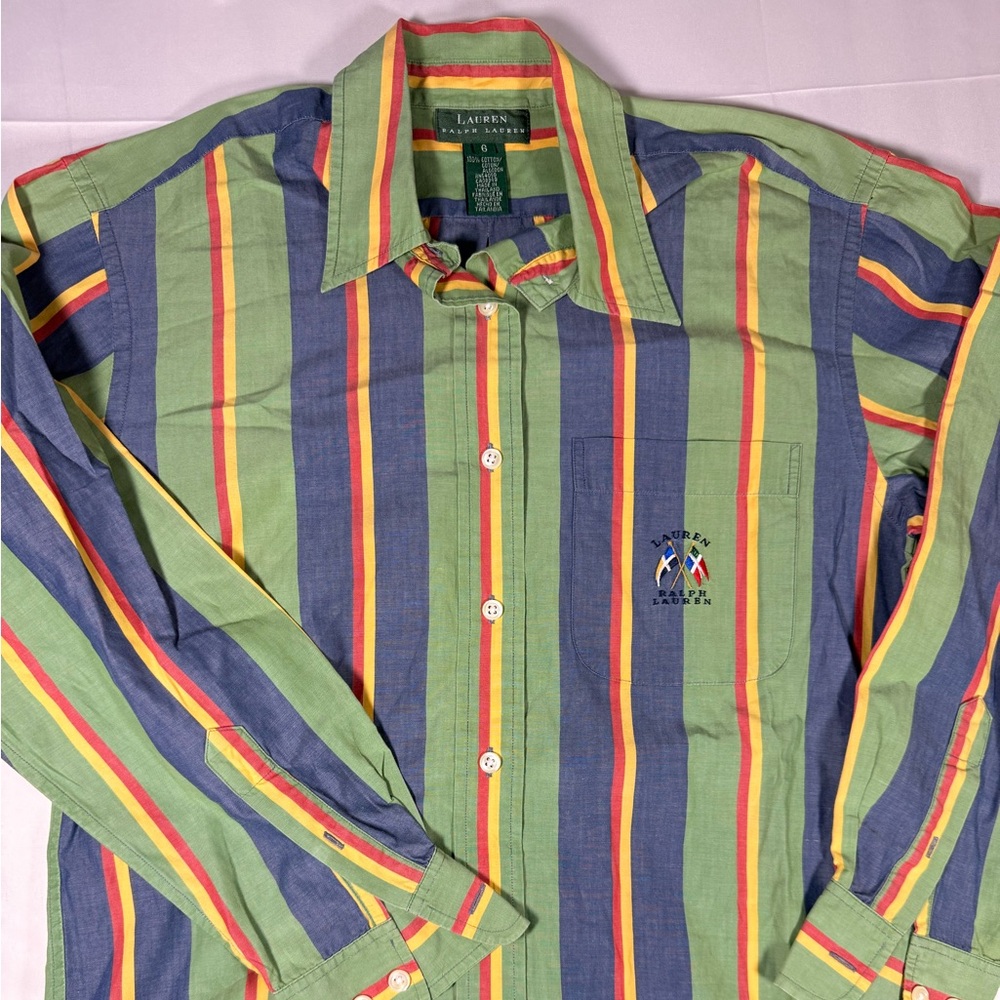 Ralph Lauren Green, Navy & Yellow Striped Button-Down Shirt